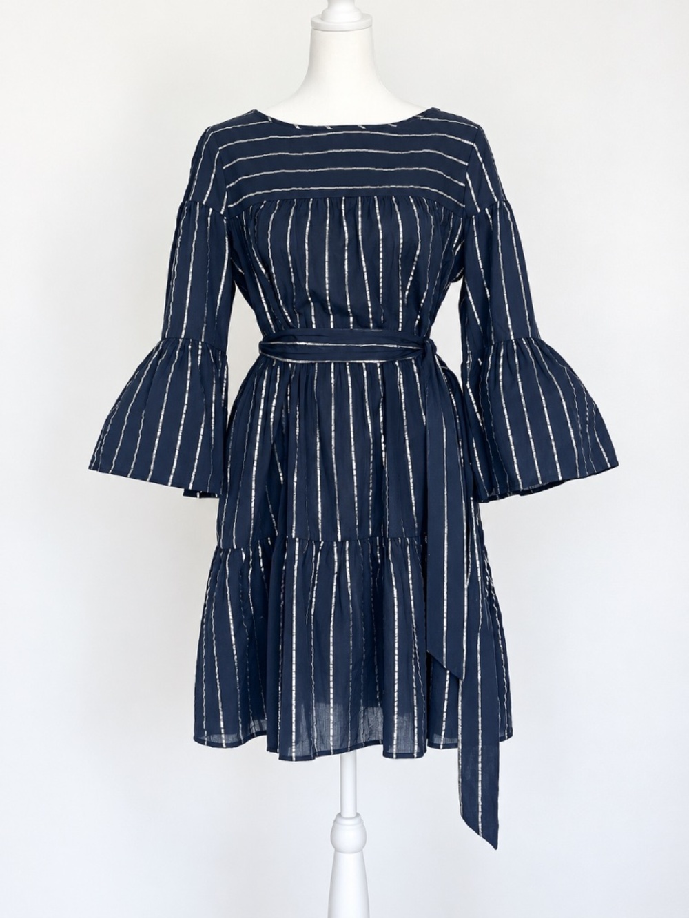 GAP XS Black Silver Metallic Stripe Bell Sleeve Belted Dress